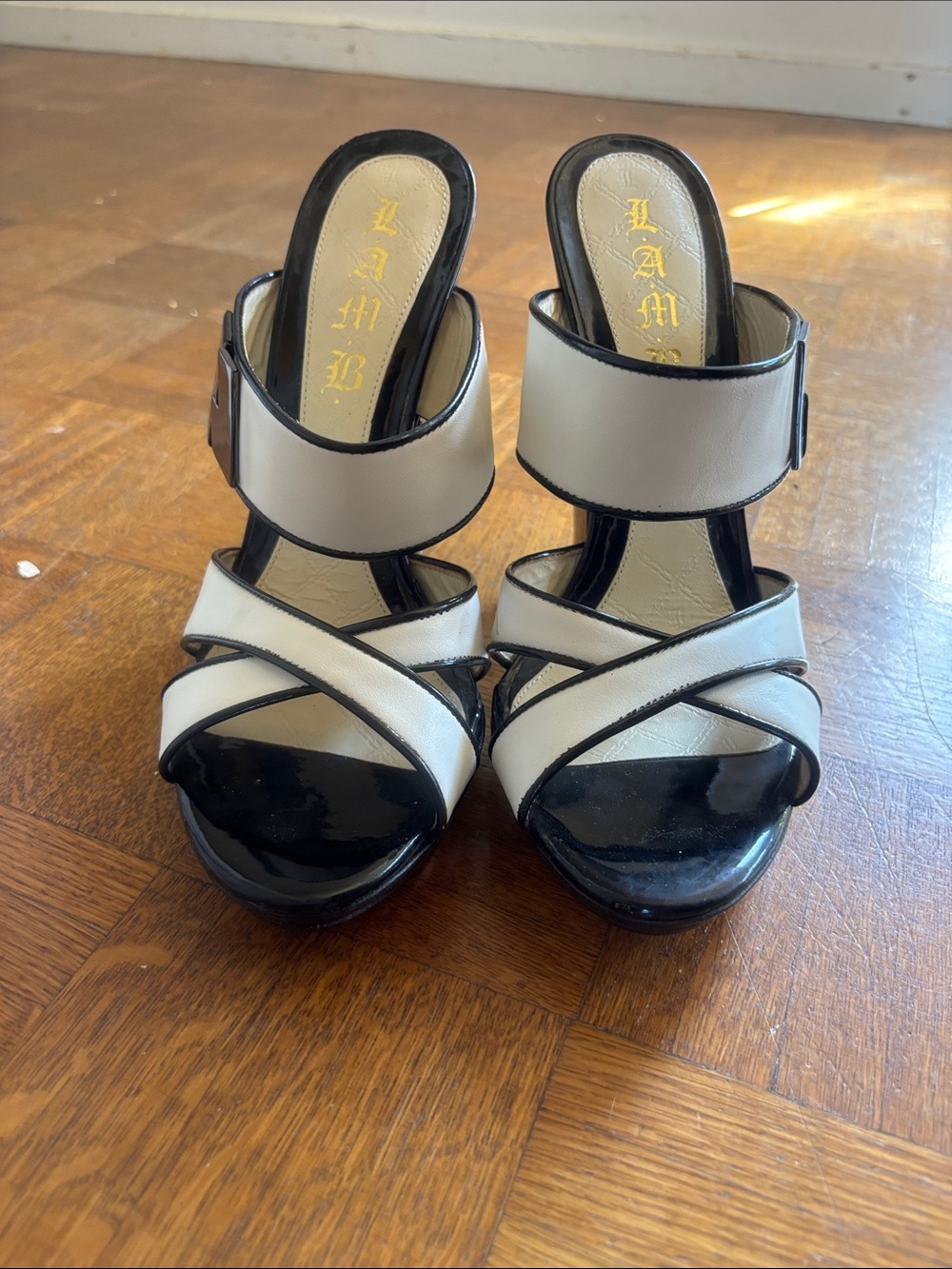 L.A.M.B. Black and White Strappy Open-Toe Mule Heels